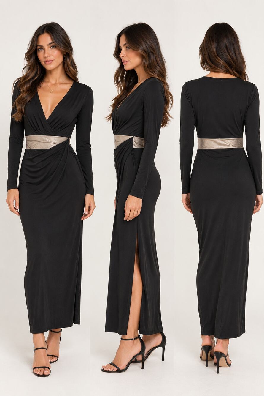 NWT Lauren Ralph Lauren Evening Black Metallic Waist Maxi Dress Womens 10